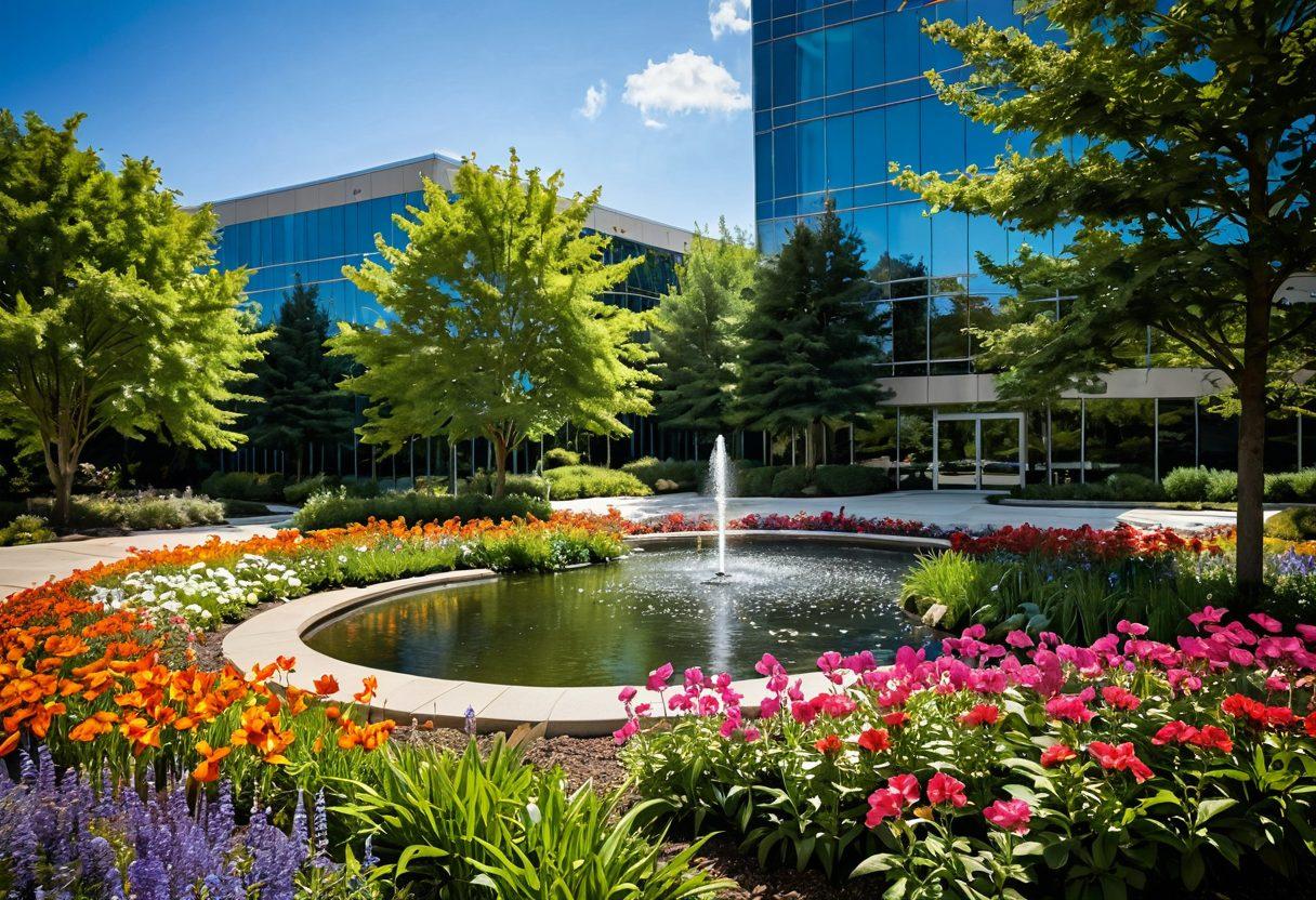 A serene landscape depicting a vibrant garden filled with blooming flowers, butterflies fluttering around, and a calming water fountain in the center. In the background, a modern, eco-friendly office building of Carson Industries is visible, symbolizing workplace happiness. Soft sunlight filters through the trees, casting warm glows, embodying positivity and bliss. Include people engaging joyfully in team-building activities. vibrant colors. painting.