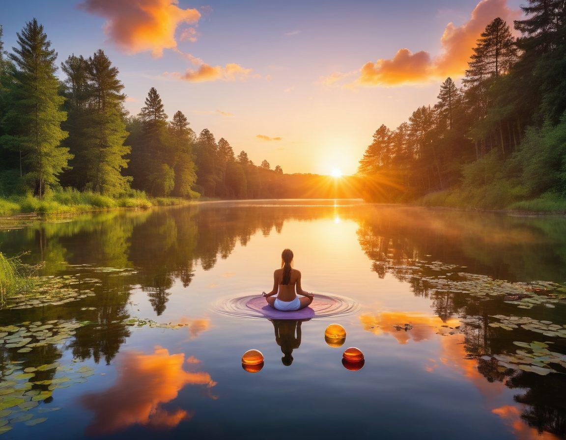 A serene landscape featuring a bright sunrise over a tranquil lake, symbolizing new beginnings and positivity. In the foreground, diverse individuals radiate joy as they engage in uplifting activities, like yoga and teamwork. Incorporate floating orbs of light representing positive energy and connection surrounded by lush, green nature. Vivid colors and dynamic compositions to evoke a sense of hope and inspiration. super-realistic. vibrant colors. white background.