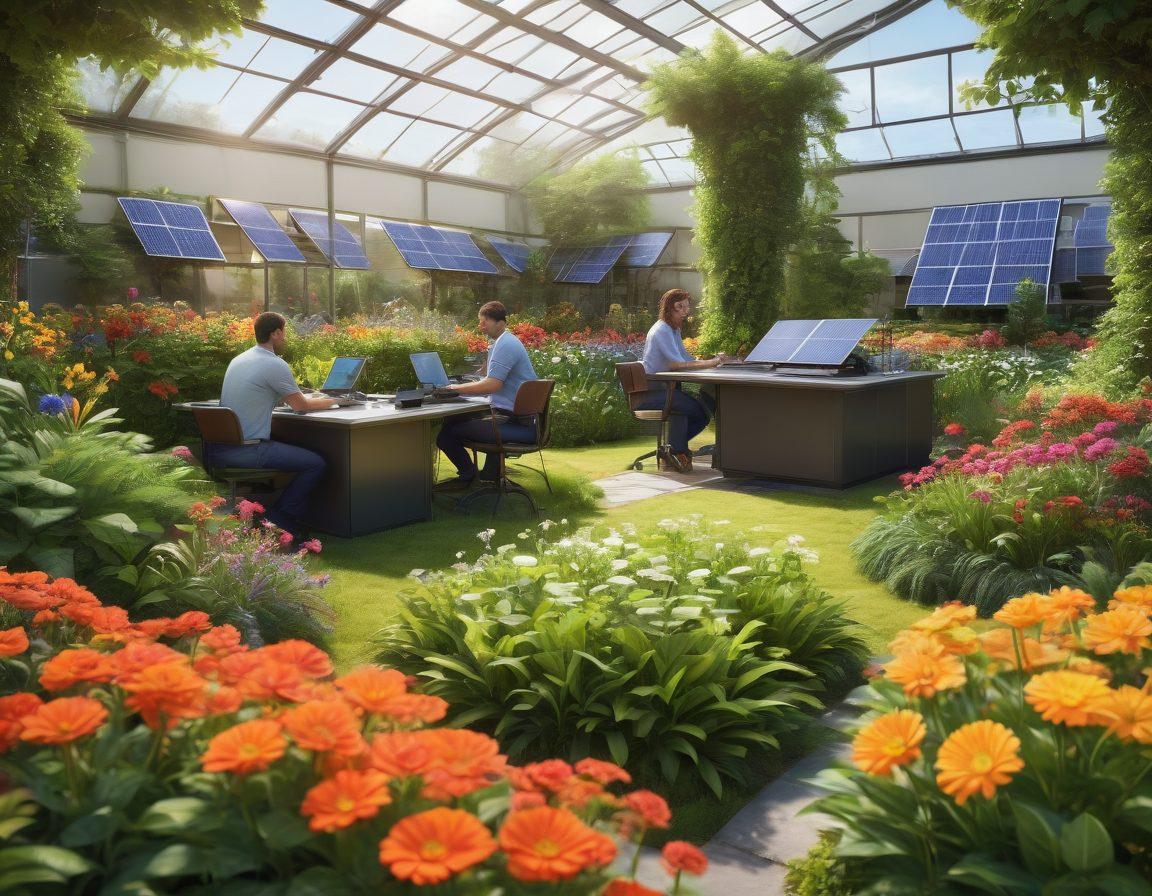 A vibrant scene depicting a lush, green landscape with smiling employees collaborating together, surrounded by flourishing plants and bright flowers, symbolizing growth and happiness at Carson Industries. Incorporate elements of prosperity such as solar panels and eco-friendly technology in the background. The atmosphere should radiate positivity and innovation. super-realistic. vibrant colors. 3D.